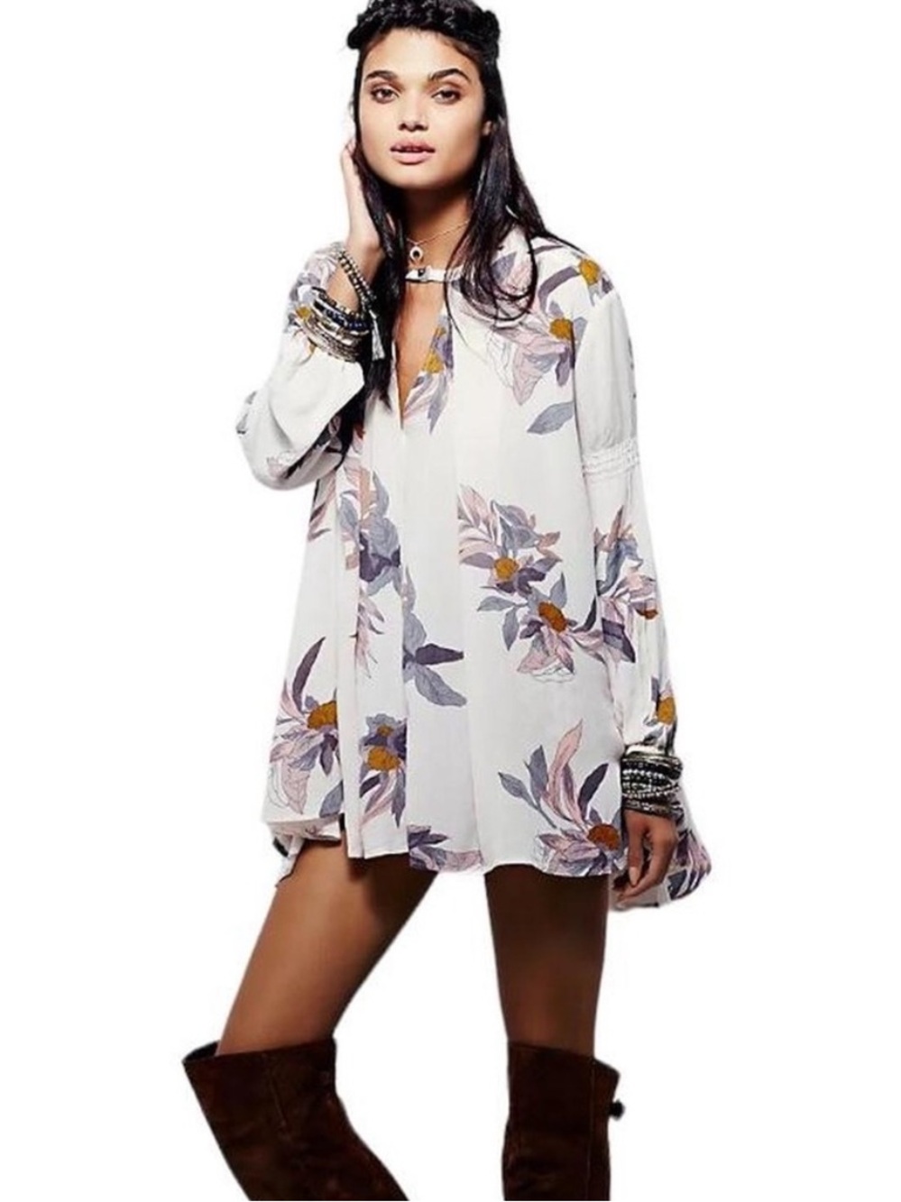 Free People Electric Orchid Swing Tunic Top in Pearl Combo Print BNWT XS